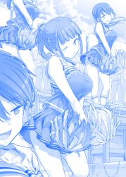 Rule 34 | 4girls, :d, ;q, blue theme, blunt bangs, breasts, cheering, cheerleader, comic, hair ornament, hairclip, himura kiseki, kneehighs, large breasts, long hair, looking at viewer, low ponytail, monochrome, multiple girls, one eye closed, open mouth, original, outdoors, pleated skirt, pom pom (cheerleading), ponytail, short hair, silent comic, skirt, smile, socks, sweat, tongue, tongue out