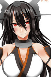 Rule 34 | &gt;:), 10s, 1girl, ar (lover boy), bare shoulders, black hair, blush, breasts, cleavage, closed mouth, hair between eyes, headgear, highres, kantai collection, large breasts, long hair, looking at viewer, nagato (kancolle), red eyes, solo, upper body, v-shaped eyebrows