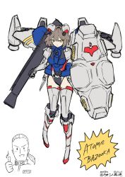 Rule 34 | 1boy, 1girl, :o, anavel gato, boots, breasts, grey hair, gun, gundam, gundam 0083, gundam gp-02 physalis, hair between eyes, highres, holding, holding gun, holding shield, holding weapon, i.takashi, looking down, medium breasts, open mouth, personification, shield, short hair, sketch, solo focus, thigh boots, thighhighs, thumbs up, v-shaped eyebrows, weapon, white background, yellow eyes