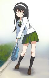 Rule 34 | 10s, 1girl, 3:, a1 (initial-g), bag, black hair, black socks, brown eyes, brown footwear, bush, collarbone, commentary request, full body, girls und panzer, green skirt, hairband, holding, holding bag, kneehighs, leaning to the side, loafers, long sleeves, looking at viewer, ooarai school uniform, parted lips, pleated skirt, reizei mako, school bag, school uniform, shirt, shoes, skirt, socks, solo, squinting, standing, white shirt