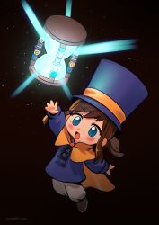 Rule 34 | 1girl, a hat in time, absurdres, beige pants, black background, blue eyes, blush, brown footwear, brown hair, cape, chibi, devil lo, full body, hat, hat kid, highres, hourglass, jacket, long hair, long sleeves, open mouth, ponytail, purple hat, purple jacket, reaching, shoes, sidelocks, signature, simple background, solo, top hat, yellow cape, zipper pull tab
