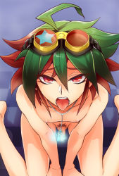 Rule 34 | 1boy, ahoge, bad id, bad pixiv id, dyed bangs, goggles, goggles on head, green hair, jewelry, male focus, multicolored hair, necklace, nipples, nude, open mouth, penis, pov, pubic hair, red eyes, red hair, sakaki yuya, sitting, solo, tongue, tongue out, wariza, yu-gi-oh!, yu-gi-oh! arc-v, zero q