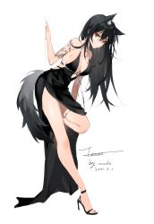 Rule 34 | 1girl, absurdres, alternate costume, animal ears, arknights, arm tattoo, artist name, bare arms, bare legs, bare shoulders, black dress, black footwear, black hair, breasts, character name, cleavage, dated, dress, ear piercing, extra ears, full body, hand up, high heels, highres, jewelry, large breasts, long hair, looking at viewer, meng ziya, pendant, piercing, simple background, sleeveless, sleeveless dress, solo, tail, tattoo, texas (arknights), white background, wolf ears, wolf girl, wolf tail, yellow eyes