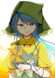 Rule 34 | 1girl, apron, arm ribbon, blue hair, blue ribbon, bow, bright pupils, closed mouth, commentary request, dress, eyes visible through hair, flower, glowing, glowing eyes, green apron, green bow, green headwear, green scarf, hair between eyes, haniyasushin keiki, head scarf, highres, holding, jewelry, jiuliu3, long hair, looking at viewer, magatama, magatama necklace, necklace, pink eyes, ribbon, scarf, shaded face, short sleeves, single strap, slit pupils, smile, solo, split mouth, touhou, upper body, white background, white flower, white pupils, wrist ribbon, yellow background, yellow dress