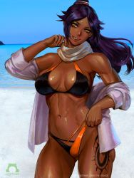 Rule 34 | 1girl, abs, alternate costume, bare shoulders, beach, bikini, black bikini, bleach, blue sky, breasts, breasts apart, commentary, dark-skinned female, dark skin, english commentary, female focus, floating hair, hand on own hip, hand on own neck, long hair, looking to the side, medium breasts, midriff, multicolored bikini, multicolored clothes, muscular, muscular female, navel, nextoad, ocean, orange bikini, outdoors, paid reward available, patreon username, ponytail, purple hair, paid reward available, scarf, shihouin yoruichi, sidelocks, sky, solo, spiked hair, swimsuit, tattoo, thighs, toned, tongue, tongue out, water, watermark, web address, yellow eyes