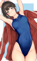 Rule 34 | 1girl, armpits, arms up, blue background, blue one-piece swimsuit, border, breasts, brown hair, closed mouth, collarbone, competition swimsuit, covered navel, cowboy shot, from above, gluteal fold, grey eyes, groin, highres, jacket, unworn jacket, looking at viewer, lying, medium breasts, nijisanji, on back, one-piece swimsuit, outside border, red jacket, serizawa (serizawaroom), short hair, simple background, solo, suzuka utako, swimsuit, thigh gap, track jacket, v-shaped eyebrows, virtual youtuber, white border