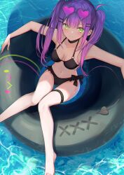 Rule 34 | 1girl, alternate costume, barefoot, bibi (tokoyami towa), bikini, black bikini, breasts, breasts apart, commentary, demon girl, demon tail, ear piercing, english commentary, feet out of frame, from above, gradient hair, green eyes, hair ornament, hairclip, highres, hololive, innertube, long hair, looking at viewer, looking up, medium breasts, multicolored hair, piercing, pink hair, pointy ears, purple hair, sidelocks, sitting, solo, spike piercing, swim ring, swimsuit, tail, thigh strap, tokoyami towa, twintails, virtual youtuber, water, xyunx