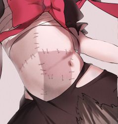 Rule 34 | 1girl, black skirt, bow, chest sarashi, colored skin, commentary, commission, grey skin, highres, hololive, hololive indonesia, kureiji ollie, navel, navel focus, patchwork skin, red bow, sarashi, second-party source, simple background, skirt, solo, stitched torso, stitches, stomach, symbol-only commentary, tokoame, torn clothes, torn skirt, virtual youtuber