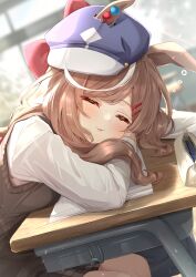 Rule 34 | 1girl, absurdres, alternate costume, animal ears, blurry, blurry background, brown hair, classroom, closed eyes, commentary request, desk, hair ornament, hairclip, hat, highres, horse ears, matikane tannhauser (umamusume), medium hair, notebook, open mouth, school uniform, sky cappuccino, sleeping, solo, umamusume