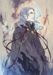Rule 34 | 1boy, bead necklace, beads, black cloak, cloak, dragon, dragon on shoulder, fantasy, grey hair, hitaki (tempo), jewelry, male focus, medium hair, necklace, original, outline, parted lips, red eyes, solo, teeth, upper body, upper teeth only, yellow outline