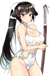 Rule 34 | 1girl, azur lane, black hair, bokken, bow, breasts, brown eyes, casual one-piece swimsuit, cleavage, cowboy shot, criss-cross halter, hair bow, hair flaps, halterneck, large breasts, long hair, one-piece swimsuit, ponytail, ribbon, sanshoku amido, simple background, solo, swimsuit, sword, takao (azur lane), takao (beach rhapsody) (azur lane), very long hair, weapon, white background, white bow, white one-piece swimsuit, white ribbon, wooden sword