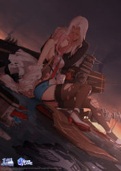 Rule 34 | 2girls, absurdres, azur lane, bare shoulders, black jacket, breasts, closed eyes, cloud, cloudy sky, crying, damaged, dishwasher1910, dress, flight deck, garter straps, gloves, head hug, high heels, highres, jacket, lace, lace-trimmed legwear, lace trim, large breasts, lexington (azur lane), logo, long hair, multicolored clothes, multicolored dress, multiple girls, necktie, official art, on water, outdoors, parted bangs, parted lips, pink hair, red neckwear, rigging, rudder footwear, sitting, sky, smoke, sunset, torn clothes, torn legwear, very long hair, watermark, white footwear, white hair, yorktown (azur lane)