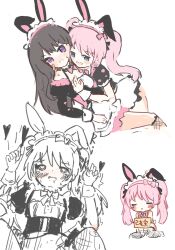 2girls animal_ears bang_dream! bang_dream!_it&#039;s_mygo!!!!! black_dress black_hair blue_eyes blush chihaya_anon commentary dress fake_animal_ears fang hashtag-only_commentary heart heart-shaped_pupils highres hug juliet_sleeves kneehighs long_hair long_sleeves maid multiple_girls official_alternate_costume open_mouth pink_hair puffy_short_sleeves puffy_sleeves purple_eyes r4661t0x0 rabbit_ears shiina_taki short_sleeves simple_background skin_fang socks sweatdrop symbol-shaped_pupils twintails white_background yuri