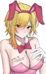 Rule 34 | 1girl, absurdres, anger vein, angry, animal ears, blonde hair, blush, bow, bowtie, breasts, cleavage, detached collar, gloves, highres, hololive, hololive indonesia, kaela kovalskia, large breasts, leotard, looking at viewer, makeitezz21, pink leotard, playboy bunny, rabbit ears, red eyes, short hair with long locks, simple background, solo, sweat, upper body, virtual youtuber, white background, white gloves