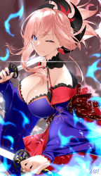Rule 34 | 1girl, absurdres, blue eyes, blue fire, blue kimono, blush, breasts, detached sleeves, earrings, fate/grand order, fate (series), fire, hair ornament, highres, japanese clothes, jewelry, katana, kimono, large breasts, long hair, looking at viewer, miyamoto musashi (fate), miyamoto musashi (third ascension) (fate), obi, one eye closed, pink hair, ponytail, sash, short kimono, sleeveless, sleeveless kimono, solo, swept bangs, sword, tochi keisuke, weapon, wide sleeves