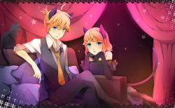 Rule 34 | 1boy, 1girl, ahoge, animal ears, aqua eyes, bad id, bad pixiv id, blonde hair, brother and sister, cat, cat ears, cat tail, head rest, elbow gloves, gloves, jiman, kagamine len, kagamine rin, kemonomimi mode, crossed legs, necktie, short hair, siblings, sitting, tail, twins, vocaloid