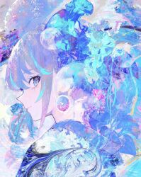 Rule 34 | 1girl, blue eyes, blue flower, blue hair, blue kimono, blue leaf, bow, bow earrings, bubble, closed mouth, commentary, earrings, expressionless, eyelashes, floral print, floral print kimono, flower, from side, grey hair, hair between eyes, ham melon (iloha 24), highres, japanese clothes, jewelry, kimono, light blue hair, looking at viewer, mole, mole under eye, multicolored background, multicolored clothes, multicolored hair, multicolored kimono, original, patterned background, patterned clothing, sidelocks, signature, solo, streaked hair, symbol-only commentary, traditional clothes, upper body