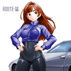Rule 34 | 1girl, black bodysuit, bodysuit, breasts, brown eyes, brown hair, car, closed mouth, covered navel, frown, hands on own hips, highres, legs apart, long hair, long sleeves, medium breasts, minamoto80486, motor vehicle, puffy long sleeves, puffy sleeves, route-16, simple background, solo, split mouth, standing, swept bangs, white background, zipper pull tab