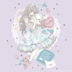 Rule 34 | angelic pretty, blue bow, blue dress, blunt bangs, bow, caption, cat, curly hair, dress, fashion, finger to mouth, floating, flower, frilled dress, frilled shirt collar, frilled sleeves, frills, grey eyes, grey hair, hair bow, hair ornament, heart, heart-shaped pillow, high heels, japanese clothes, kira imai, lace, letter, lolita fashion, long hair, matching outfits, hugging object, official art, patterned clothing, picture frame, pillow, pillow hug, pink bow, pink footwear, postcard, print bow, print dress, product placement, purple background, real life, ribbon, rose, star (symbol)