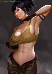 Rule 34 | 1girl, abs, armpits, blue eyes, blue hair, breasts, camouflage, cleavage, earrings, jewelry, large breasts, leona heidern, midriff, necklace, no bra, realistic, sideboob, snk, solo, tank top, the king of fighters, the king of fighters xiv, torn clothes, torn tank top, triangle earrings, veins, watermark, web address, yupachu