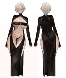 Rule 34 | 1girl, absurdres, ass, asymmetrical bangs, black dress, blush, bra strap, breasts, dishwasher1910, dress, earrings, highres, jewelry, large breasts, long dress, mole, mole under mouth, original, overwatch, pointy ears, short hair, thong, white hair