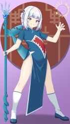 Rule 34 | 1girl, absurdres, adapted costume, artist name, bare legs, blue dress, blue eyes, blue footwear, blue hair, blue nails, blunt bangs, breasts, china dress, chinese clothes, dress, fins, fish tail, gawr gura, hair ornament, high heels, highres, holding trident, hololive, hololive english, medium hair, merriegold d, multicolored hair, polearm, pumps, shark girl, shark hair ornament, shark print, shark tail, short sleeves, small breasts, smile, solo, streaked hair, tail, trident, two side up, virtual youtuber, weapon