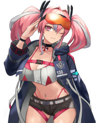 Rule 34 | 1girl, ;), azur lane, belt, bikini, bikini under clothes, black shorts, blue jacket, blush, breasts, bremerton (azur lane), buckle, cleavage, closed mouth, collarbone, commentary, cowboy shot, crop top, crop top overhang, cutoffs, eyewear on head, grey belt, grey hair, groin, hair between eyes, hair intakes, hair ornament, hand up, highleg, highleg bikini, highres, hood, hood down, hooded jacket, jacket, large breasts, lifebuoy ornament, long hair, long sleeves, looking at viewer, midriff, mole, mole on breast, multicolored hair, navel, navel piercing, one eye closed, open clothes, open jacket, piercing, pink bikini, pink eyes, pink hair, red-tinted eyewear, shirt, short shorts, shorts, side-tie bikini bottom, sidelocks, simple background, skindentation, smile, snap-fit buckle, solo, standing, streaked hair, sunao (70 the), sunglasses, sunglasses on head, swimsuit, thigh strap, tinted eyewear, twintails, two-tone hair, two-tone shirt, white background, wristband