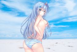 Rule 34 | 1girl, arched back, ass, beach, bikini, blue eyes, blue hair, blue sky, breasts, cloud, commentary request, cowboy shot, day, emori miku, hair bobbles, hair ornament, liver city, long hair, looking at viewer, looking back, medium breasts, one side up, outdoors, parted lips, sakura moyon, sidelocks, sky, solo, standing, striped bikini, striped clothes, swimsuit, topless