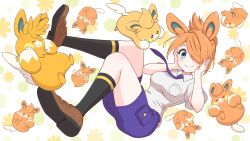 Rule 34 | 1girl, black socks, blue eyes, blush, breasts, brown footwear, closed mouth, collared shirt, commentary request, commission, creatures (company), dot nose, floating, game freak, hair over one eye, hands on own face, highres, juliana (pokemon), looking at viewer, medium breasts, necktie, nintendo, orange hair, pawmi, pawmo, pawmot, pokemon, pokemon (creature), pokemon sv, purple necktie, purple shorts, risapaso, school uniform, shirt, shoes, short sleeves, shorts, skeb commission, smile, socks, uva academy school uniform, white shirt
