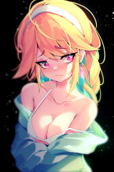 Rule 34 | 1girl, absurdres, bare shoulders, black background, blonde hair, blush, bra, braid, breasts, closed mouth, collarbone, feathers, gradient hair, green hair, hairband, heart, heart-shaped pupils, highres, hololive, hololive english, large breasts, multicolored hair, off shoulder, orange hair, pink eyes, raised eyebrows, solo, strap gap, strap slip, symbol-shaped pupils, takanashi kiara, the0neulost, twin braids, underwear, upper body, virtual youtuber, wavy mouth, white bra, white hairband