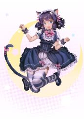 Rule 34 | 1girl, absurdres, animal ears, bell, black dress, black footwear, black hair, blue eyes, bow, cat ears, cat girl, cat tail, cyan (show by rock!!), dress, fang, frilled dress, frilled sleeves, frills, full body, gothic lolita, hair ribbon, highres, lolita fashion, maid headdress, nshi, paw pose, ribbon, ringlets, show by rock!!, smile, solo, striped clothes, striped thighhighs, tail, thighhighs