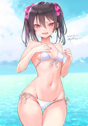 Rule 34 | 1girl, bad id, bad pixiv id, bikini, black hair, blue sky, blush, bow, breasts, cloud, commentary request, dated, day, hair between eyes, hair bow, halterneck, highres, looking at viewer, love live!, love live! school idol project, miyamae porin, navel, ocean, open mouth, outdoors, pink bow, red eyes, short hair, side-tie bikini bottom, sky, small breasts, solo, stomach, string bikini, swimsuit, thigh gap, thighs, twintails, twitter username, white bikini, yazawa nico