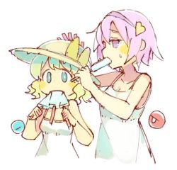 Rule 34 | 2girls, bare shoulders, baron (x5qgeh), blush stickers, bow, breasts, cleavage, collarbone, dress, eating, eyeball, food, food in mouth, green eyes, green hair, hairband, hand on another&#039;s head, hat, hat bow, heart, ice cream, komeiji koishi, komeiji satori, mouth hold, multiple girls, pink eyes, pink hair, short hair, siblings, simple background, sisters, sleeveless, sleeveless dress, small breasts, straw hat, sundress, sweatdrop, third eye, touhou, white background, white dress
