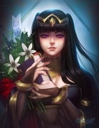 Rule 34 | 1girl, amber harris, black hair, bodystocking, book, bouquet, breasts, bridal gauntlets, cape, cleavage, fire emblem, fire emblem awakening, flower, nintendo, parted lips, purple eyes, smile, solo, tharja (fire emblem), tiara, twintails, two side up, upper body