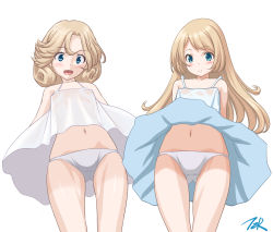 Rule 34 | alternate costume, artist logo, blonde hair, blue eyes, commentary request, cowboy shot, dress, flat chest, from below, gluteal fold, highres, janus (kancolle), jervis (kancolle), kantai collection, looking at viewer, panties, parted bangs, see-through, short hair, t2r, underwear, white dress, white panties