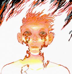 Rule 34 | 1other, alternate body fluid, burning, closed mouth, creepy, crying, dissolving, eyelashes, fiery hair, fire, grey eyes, highres, kanmuhito, looking at viewer, orange theme, original, portrait, short hair, solo, spiked hair, straight-on