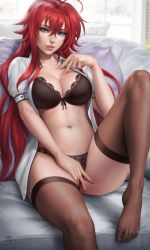 Rule 34 | 1girl, 2019, ahoge, artist name, between legs, black bra, black panties, blue eyes, blush, bra, breasts, brown thighhighs, cleavage, collared shirt, crossed bangs, feet, front-tie bra, hand between legs, hand up, high school dxd, highres, huge ahoge, knee up, large breasts, lingerie, long hair, looking at viewer, navel, no shoes, open clothes, open shirt, panties, parted lips, red hair, red lips, rias gremory, sciamano240, shirt, sidelocks, sitting, smile, solo, stomach, thighhighs, toes, underwear, very long hair, white shirt