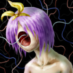 Rule 34 | 1girl, bare shoulders, black background, creepy, faceless, hairband, hiiragi tsukasa, hole, hole in face, horror (theme), leica, lucky star, parody, purple hair, ribbon, simple background, solo, surreal, what