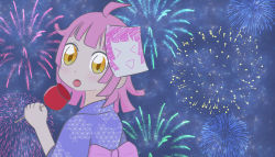 Rule 34 | &gt; &lt;, 1girl, artist name, artist request, back bow, blue kimono, blue sky, blush, bow, breasts, brown eyes, candy apple, cloud, female focus, firework background, fireworks, food, from behind, holding, holding food, japanese clothes, kimono, looking at viewer, looking back, love live!, love live! nijigasaki high school idol club, night, night sky, outdoors, paper, paper on head, parted lips, pink hair, purple bow, short hair, sky, smile, solo, tennoji rina, yellow eyes