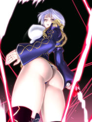 Rule 34 | 1girl, ass, boots, bouncing breasts, breasts, isabella valentine, large breasts, looking down, miss black, panties, purple eyes, short hair, solo, soul calibur, thighs, thong, underwear, whip sword, white hair