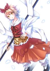 Rule 34 | 1girl, animal print, dress, dutch angle, hagoromo, hair ornament, hand on own hip, highres, layered dress, long sleeves, looking at viewer, mitsuki yuu, multicolored hair, parted lips, polearm, shawl, short hair, simple background, solo, spear, tiger print, toramaru shou, touhou, two-tone hair, weapon, white background, yellow eyes
