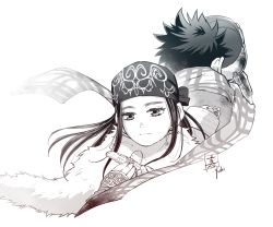Rule 34 | 1boy, 1girl, ainu, ainu clothes, artist name, asirpa, bandana, black hair, cape, ear piercing, earrings, from behind, fur cape, golden kamuy, greyscale, hat, holding, holding clothes, holding hat, holding whistle, hoop earrings, jewelry, kepi, long hair, looking at viewer, military, military hat, monochrome, piercing, quiver, scarf, short hair, sidelocks, signature, simple background, spiked hair, sugimoto saichi, upper body, whistle, white background, white cape, yoshimi