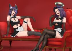Rule 34 | 2girls, absurdres, alternate costume, apron, arm on knee, arm support, armchair, bare shoulders, between breasts, black footwear, black gloves, black necktie, black skirt, black thighhighs, breasts, bridal garter, c-da, chair, cleavage, cleavage cutout, clothing cutout, couch, crossed legs, dated, detached collar, easy chair, elbow gloves, enmaided, eyepatch, frills, gloves, halo, headgear, high heels, highres, kantai collection, knee up, large breasts, legs, looking at viewer, maid, maid apron, mechanical halo, medium breasts, medium hair, multiple girls, necktie, necktie between breasts, negative space, on couch, open mouth, outstretched leg, purple eyes, purple hair, reclining, red background, signature, simple background, single thighhigh, sitting, skirt, tatsuta (kancolle), tatsuta kai ni (kancolle), teeth, tenryuu (kancolle), tenryuu kai ni (kancolle), thighhighs, twitter username, underboob cutout, upper teeth only, waist apron, white apron, yellow eyes
