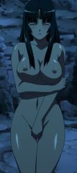 Rule 34 | 00s, bandana, black hair, breasts, closed eyes, covering privates, covering breasts, covering crotch, highres, long hair, long image, night, nude, nude cover, queen&#039;s blade, screencap, stitched, tall image, thigh gap, thighs, third-party edit, tomoe (queen&#039;s blade)