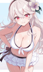 1girl absurdres bikini bikini_skirt black_hairband blush breasts cleavage corrin_(female)_(fire_emblem) corrin_(female)_(novice_vacationer)_(fire_emblem) corrin_(fire_emblem) fire_emblem fire_emblem_fates fire_emblem_heroes flower grey_hair hair_between_eyes hair_flower hair_ornament hairband highres large_breasts long_hair looking_at_viewer n_54 navel nintendo official_alternate_costume pointy_ears red_eyes sideboob skindentation smile solo swimsuit white_bikini white_hair