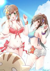 Rule 34 | 2girls, alternate costume, artist request, ass, bad id, bad pixiv id, bikini, bikini top only, blush, bracelet, breasts, brown eyes, brown hair, butt crack, flower, green eyes, hair flower, hair ornament, hair ribbon, hairclip, highres, jewelry, long hair, looking at viewer, multiple girls, open mouth, ponytail, reaching, reaching towards viewer, ribbon, saionji reimi, shiny clothes, shiny skin, short shorts, shorts, sophia esteed, star ocean, star ocean anamnesis, star ocean the last hope, star ocean till the end of time, sweatdrop, swimsuit, very long hair, water