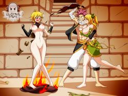 Rule 34 | 1boy, 2girls, abs, arm around waist, artist name, barefoot, blonde hair, blush, breasts, cleft of venus, crying, crying with eyes open, dimaria yesta, embarrassed, fairy tail, feet, fire, grin, highres, ilustretsspoks, large breasts, long hair, lucy heartfilia, motion lines, multiple girls, natsu dragneel, nipples, no bra, nude, open mouth, short hair, small nipples, smile, stairs, tears, toes, topless, torn clothes, uncensored, undressing, vest, wall