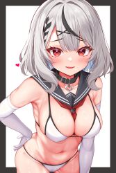 Rule 34 | 1girl, absurdres, alternate costume, amaki daisuke, armpits, bare shoulders, bikini, black border, black collar, black hair, black sailor collar, border, braid, braided bangs, breasts, cleavage, collar, collarbone, commentary request, cowboy shot, elbow gloves, gloves, grey hair, highres, hololive, large breasts, looking at viewer, multicolored hair, navel, neckerchief, neckerchief between breasts, open mouth, red eyes, red neckerchief, sailor bikini, sailor collar, sakamata chloe, skindentation, smile, solo, stomach, streaked hair, swimsuit, virtual youtuber, white background, white gloves