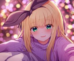 Rule 34 | 1girl, baram, black ribbon, blonde hair, blurry, blurry background, bow, commentary request, depth of field, green eyes, hair bow, hair ribbon, highres, long hair, looking at viewer, mononobe alice, multicolored hair, nijisanji, parted lips, purple bow, purple hair, purple sweater, ribbed sweater, ribbon, smile, solo, sweater, turtleneck, turtleneck sweater, two-tone hair, upper body, virtual youtuber