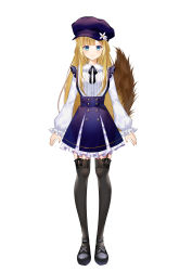 Rule 34 | 1girl, animal ears, black footwear, black ribbon, black thighhighs, blonde hair, blue eyes, blue hat, blue skirt, blush, cabbie hat, collared shirt, commentary request, dress shirt, fox ears, frilled shirt collar, frilled skirt, frills, full body, garter straps, hat, highres, indie virtual youtuber, long hair, long sleeves, myusha, neck ribbon, pleated skirt, puffy long sleeves, puffy sleeves, ribbon, shirt, shoes, simple background, skirt, sleeves past wrists, solo, standing, suspender skirt, suspenders, tail raised, thighhighs, very long hair, virtual youtuber, white background, white shirt, yuzunoki momi